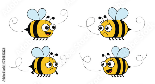 Four adorable cartoon bees expressing different emotions like happiness anger surprise and confusion while flying