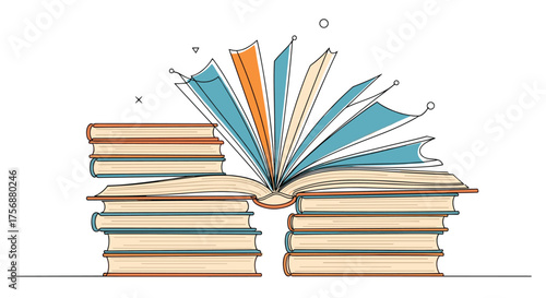 Discovering new worlds through the pages of an opened book piled high with knowledge