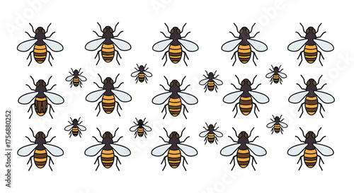 A swarm of many honey bees flying in a field full of flowers representing nature and ecosystem harmony