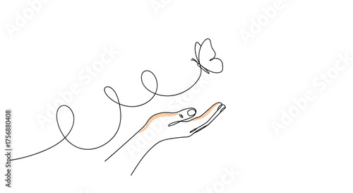 A gentle hand releasing a delicate butterfly into the air with a winding path of dots symbolizing freedom and new beginnings