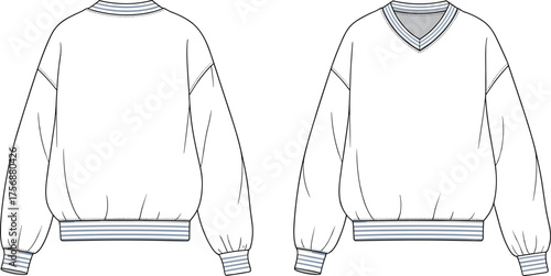 Sweatshirt technical flat sketch, V‑neck ribbed collar striped cuffs waistband design, relaxed fit fashion template, apparel CAD drawing, clothing vector illustration