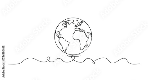 Abstract minimalist continuous line art representing earth balanced precariously on a thin wavy thread.