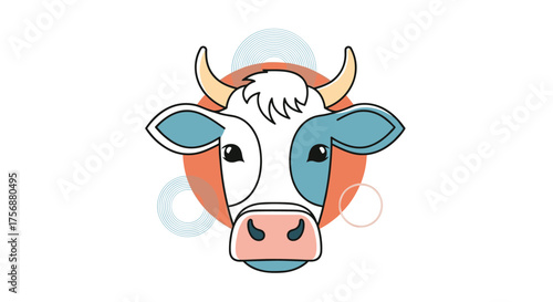 A whimsical cartoon illustration of a friendly cow head with geometric patterns and a sunset background