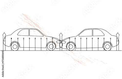 Two cars colliding with a fence in continuous line art style single line collision accident