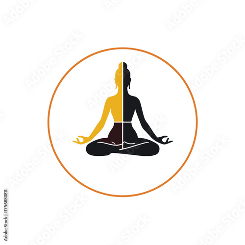 Meditating silhouette divided in half gold and black within a circular frame symbolizing balance and inner peace