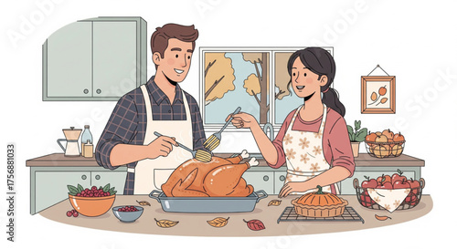Joyful couple basting a roasted turkey in their kitchen, celebrating Thanksgiving with homemade food and the warm ambiance of autumn