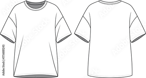 T‑shirt technical flat sketch, short sleeve crew neck relaxed fit design, apparel CAD drawing, clothing vector illustration, fashion garment template for production