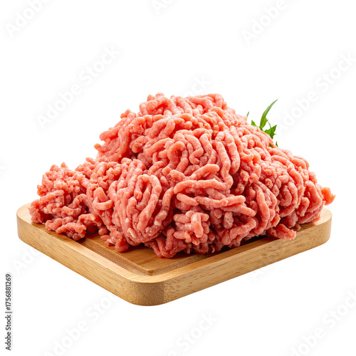 Transparent PNG Fresh raw ground meat on a wooden board, ideal for various recipes and culinary inspiration.