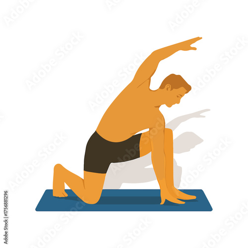 Fit Man Yoga Stretch Vector Illustration, Male Flexibility Exercise Graphic