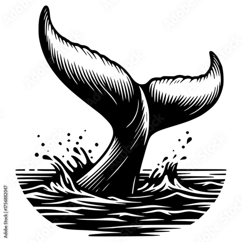 Majestic humpback whale tail surfaces gracefully looking above calm ocean waters black vector icon with transparent background 