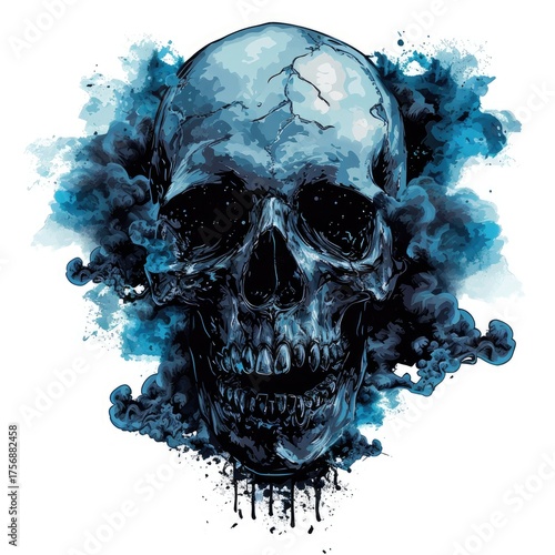 Blue is depicted within a swirling dark blue smoke effect creating a dramatic and mysterious composition.