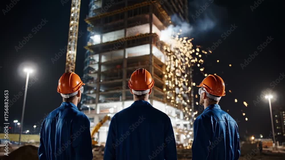 Construction workers watch fireworks over building site at night ...