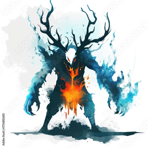 Antlers and a fiery heart stylized watercolor effect on white background