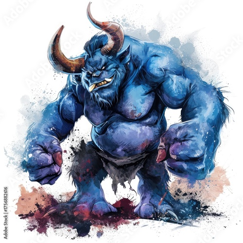 A Powerful Blue Minotaur Monster Roars On White Background