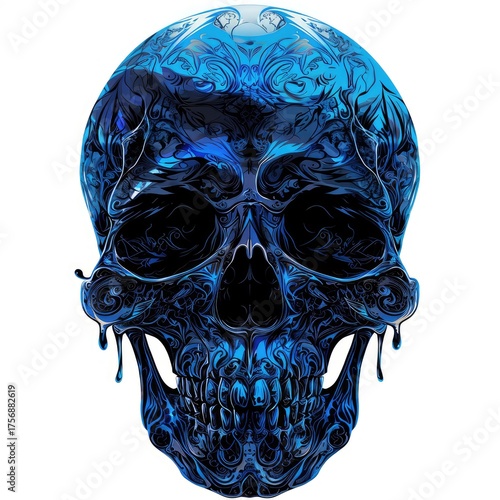 Illustration of a skull intricately decorated with a flowing blue and black ornate pattern