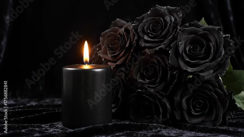 Black roses with burning candle show gothic memorial scene this is a great sad and dark funeral concept this is a very beautiful and dramatic romantic sorrow this is a great card