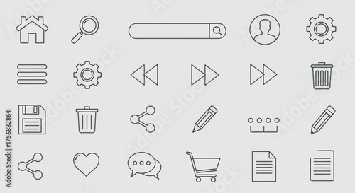 Collection of essential line icons for user interface design, covering navigation, actions, and common website elements