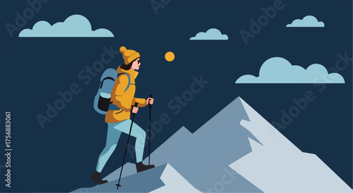 Woman hiking up a snowy mountain at night under the moonlight with a backpack on