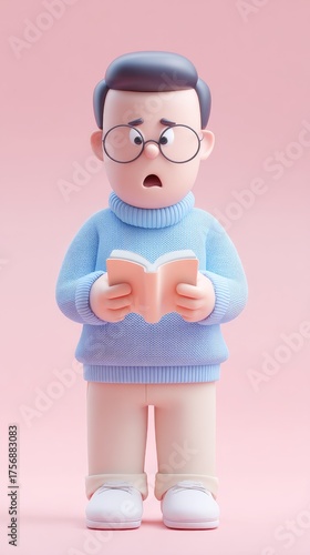 Cartoon character reading a book with a surprised expression.