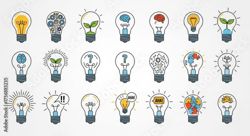 Collection of light bulb icons representing different ideas and concepts, including innovation, creativity, problemsolving, and brainstorming