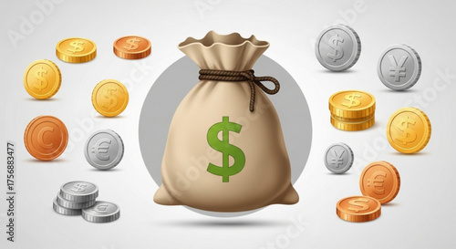 Money bag with different currency coins, showcasing global finance and investment opportunities in a visually appealing layout