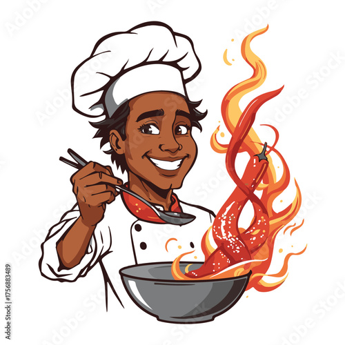 Smiling black chef in uniform holding chopsticks over wok with flaming chili peppers
