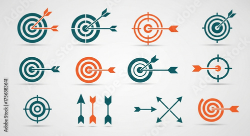 Collection of target and arrow icons, representing goals, accuracy, and success in business, marketing, and personal achievements