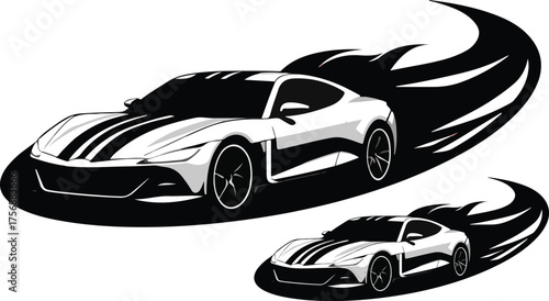 Sleek white sports cars speeding with motion trails on a stark black background