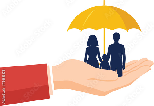 Family under umbrella in hand representing insurance protection and financial safety