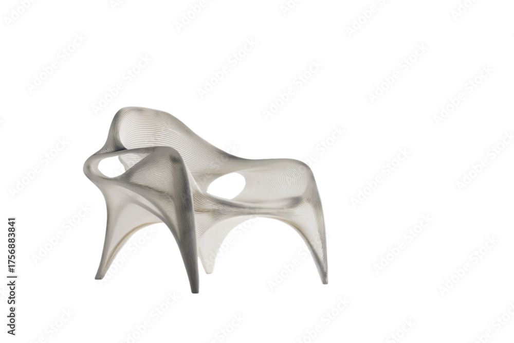 Fototapeta premium Modern transparent chair with unique design and sculptural form on a white transparent background.