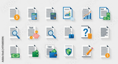 Collection of tax and accounting icons, featuring documents, calculators, magnifying glasses, and financial symbols for business and finance