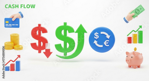 Financial planning concept with business and investment icons, including money, growth chart, piggy bank, dollar sign