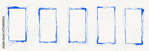 Blue ink spray rectangular frames with rough sketchy edges. Vector stencil borders for posters, banners, design templates.