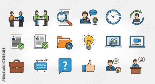 Collection of job search and recruitment icons with outline and color, depicting various aspects of the hiring process