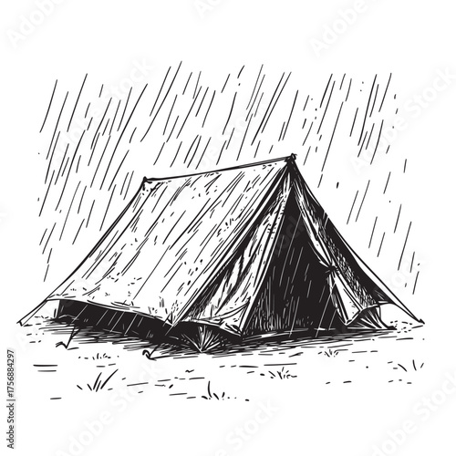 simple outline line art illustration of light rain on the tent roof