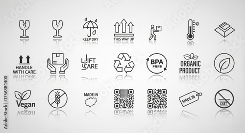 Packaging and handling vector icons set contains fragile, keep dry, this way up, handle with care, lift care, recycle, vegan and more