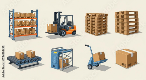 Warehouse and storage icon set contains shelves, forklift, pallet, conveyor belt, hand truck, and cardboard box perfect for illustrating logistics and distribution