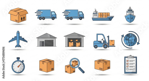 Assortment of logistics and shipping icons depicting various modes of transportation and delivery services, including trucks, ships, planes, and warehousing