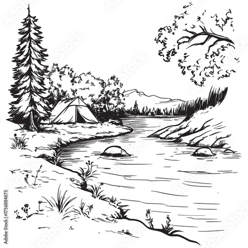 pencil sketch outline illustration of river flowing beside the campsite