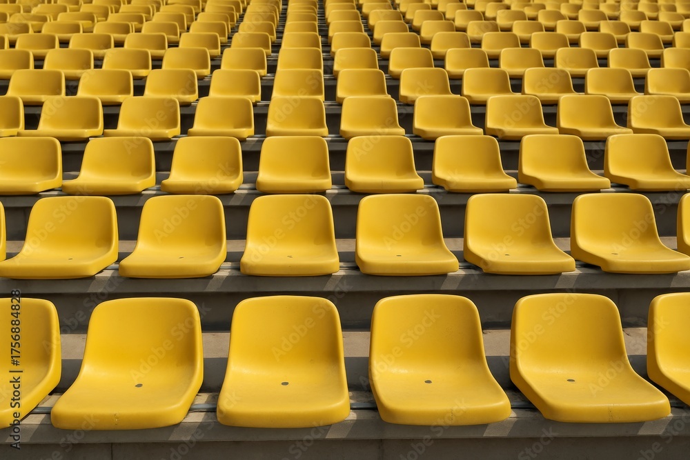 Fototapeta premium Rows of empty yellow plastic stadium seats in sunlight captured from a front view creating a geometric pattern in a sport venue concept image. Ai generative