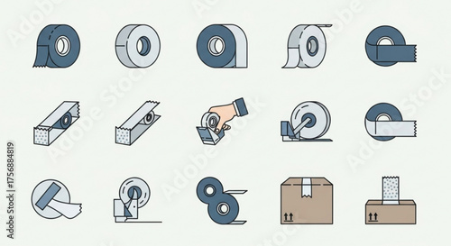 Adhesive tape icons, showcasing various types and dispensers, suitable for packaging, crafting, and office supply designs