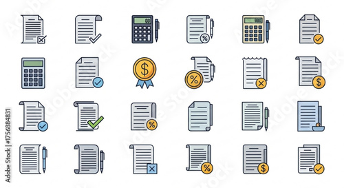 Accounting and finance icons, representing documents, calculations, and financial symbols, ideal for business and bookkeeping designs
