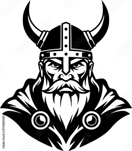 a viking with a horned helmet, simple black and white vector graphic, minimalist design