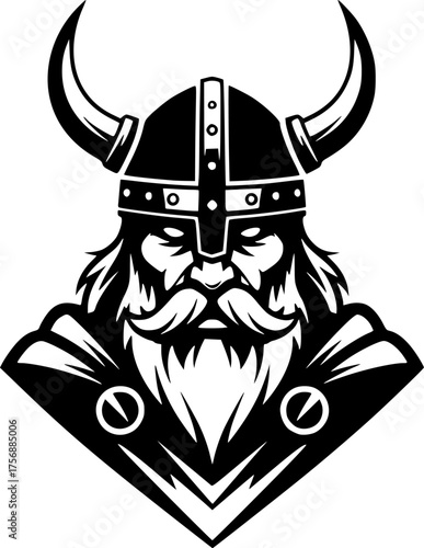 a viking with a horned helmet, simple black and white vector graphic, minimalist design