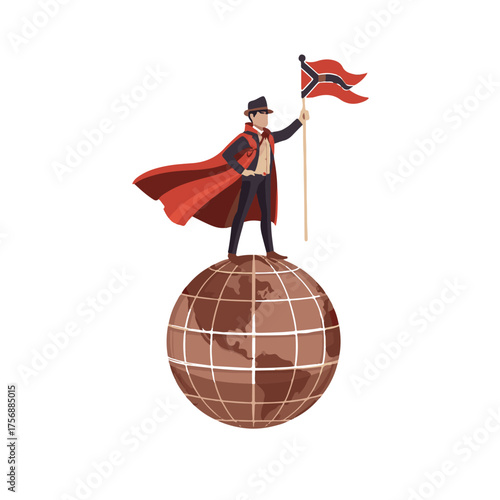 Victorious adventurer in cape and top hat stands proudly atop a globe holding a triumphant flag