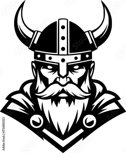 a viking with a horned helmet, simple black and white vector graphic, minimalist design