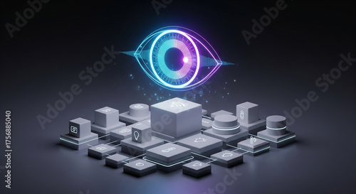 Futuristic smart home automation system with glowing eye, showcasing IoT connectivity and innovative technology solutions for modern living spaces