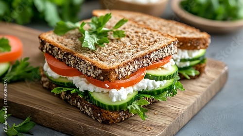 Rye bread sandwiches with baked cucumber and cottage cheese