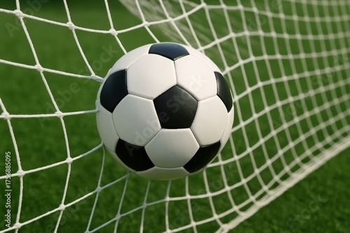 Wallpaper Mural Classic black and white soccer ball hitting the net on a green grass field, symbolizing goal scoring moment in football sport concept image. Ai generative Torontodigital.ca