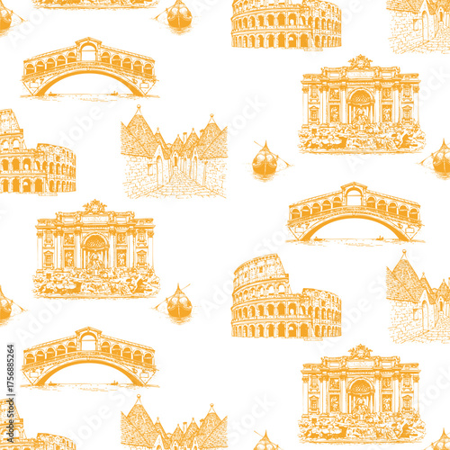 Seamless Vintage Italian wall paper with Colosseum, Trevi Fountain, Rialto Bridge, Trulli of Alberobello, in Toile de Jouy style
